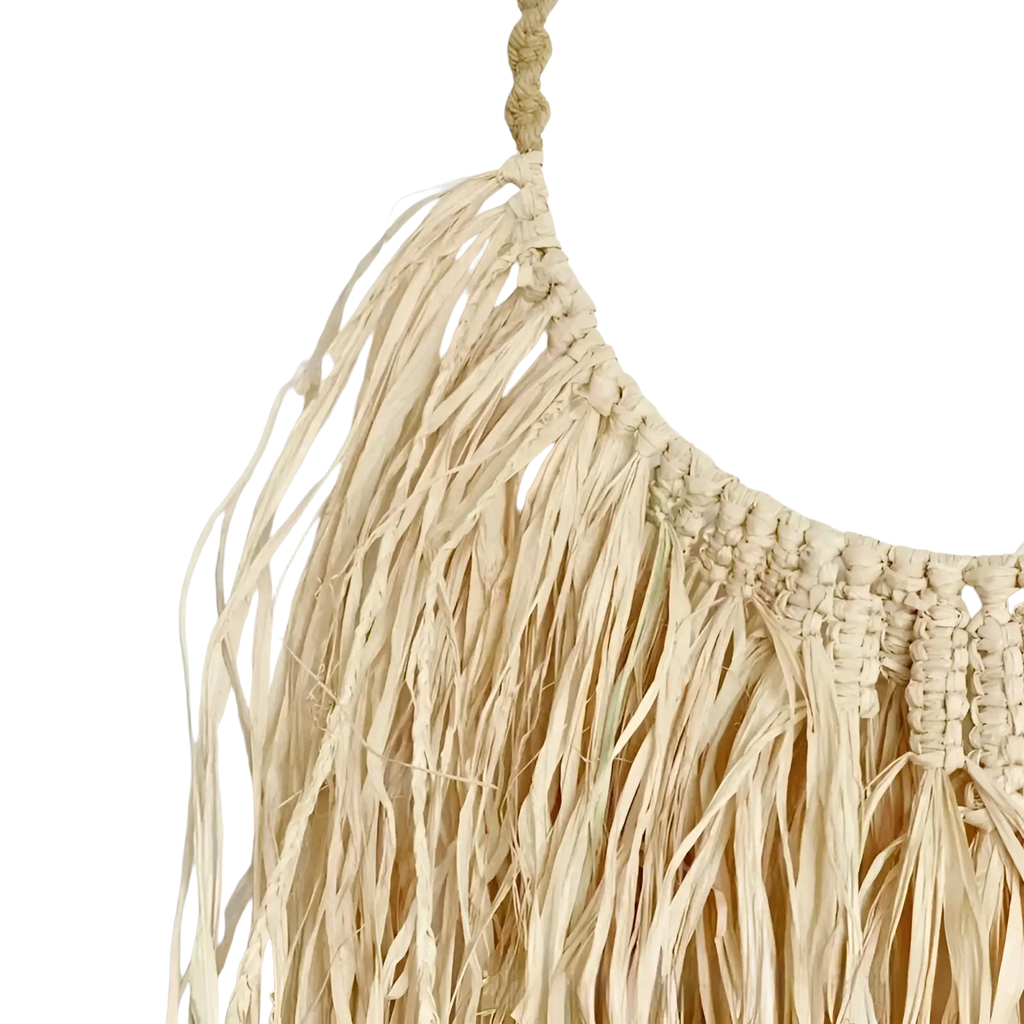 Beige raffia boho macrame wall decor with fringed tassels and braided top loop hanging tapestry