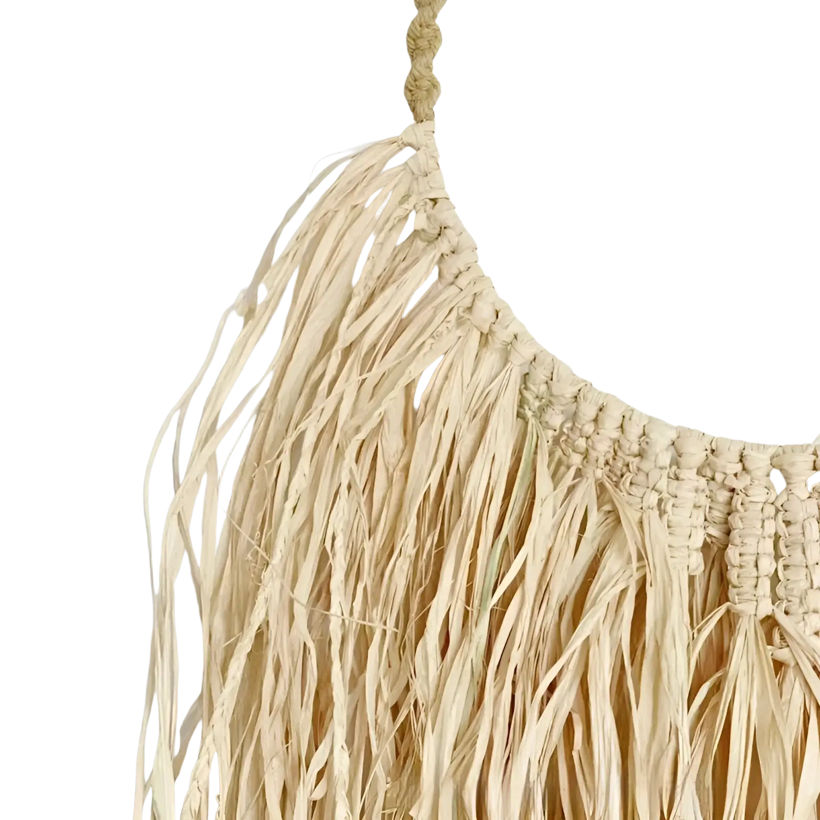 Beige raffia boho macrame wall decor with fringed tassels and braided top loop hanging tapestry