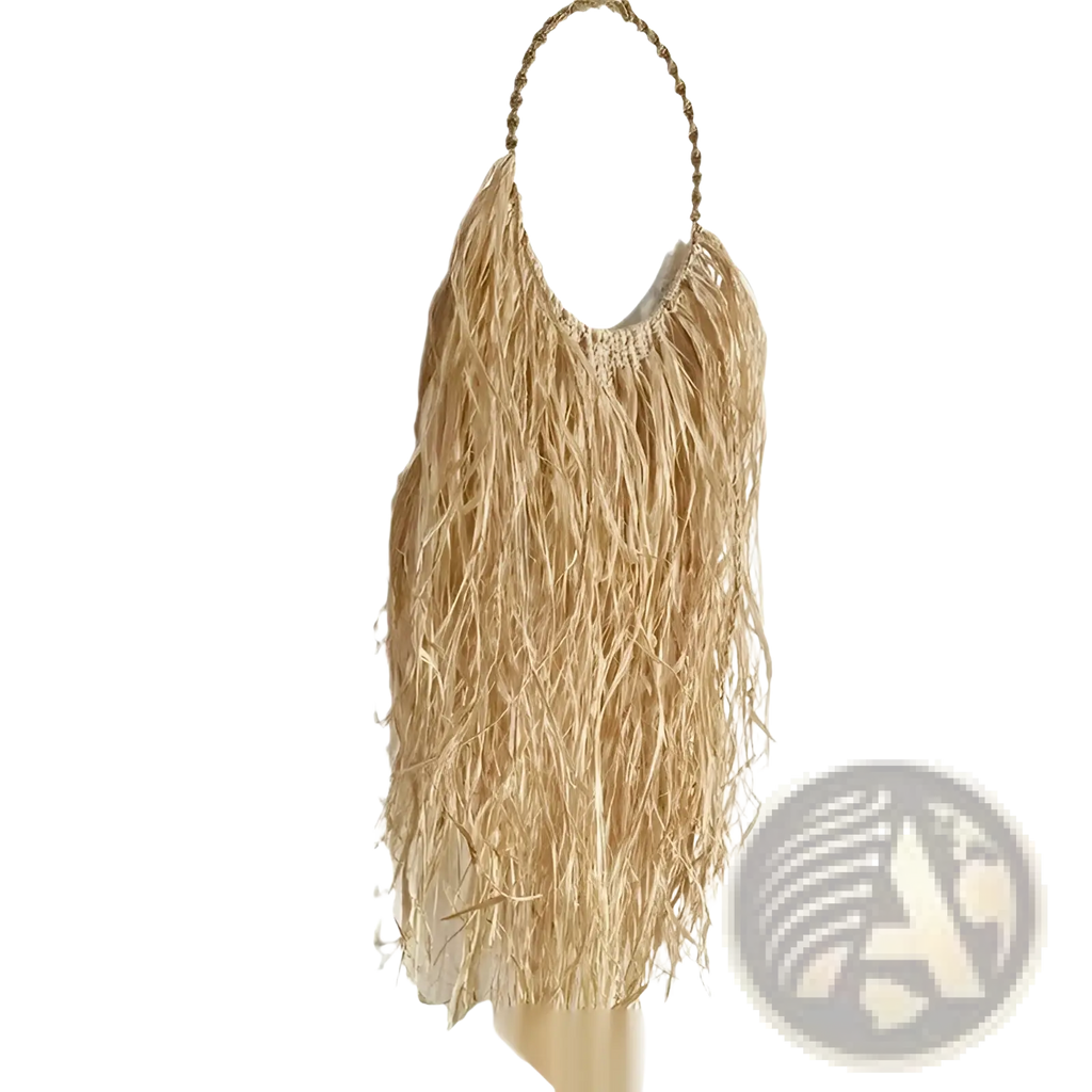 A natural beige straw fringe handbag with a braided top handle and beaded trim for boho style accessory use