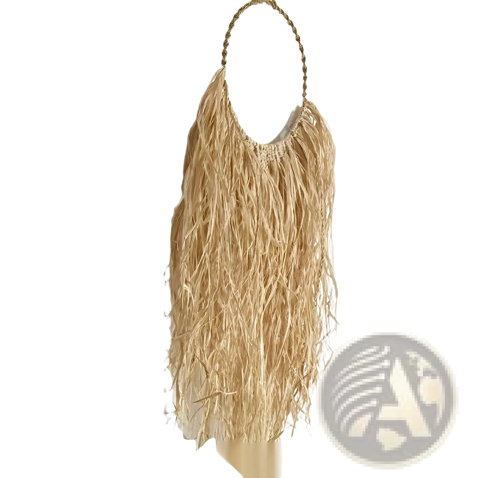 A natural beige straw fringe handbag with a braided top handle and beaded trim for boho style accessory use