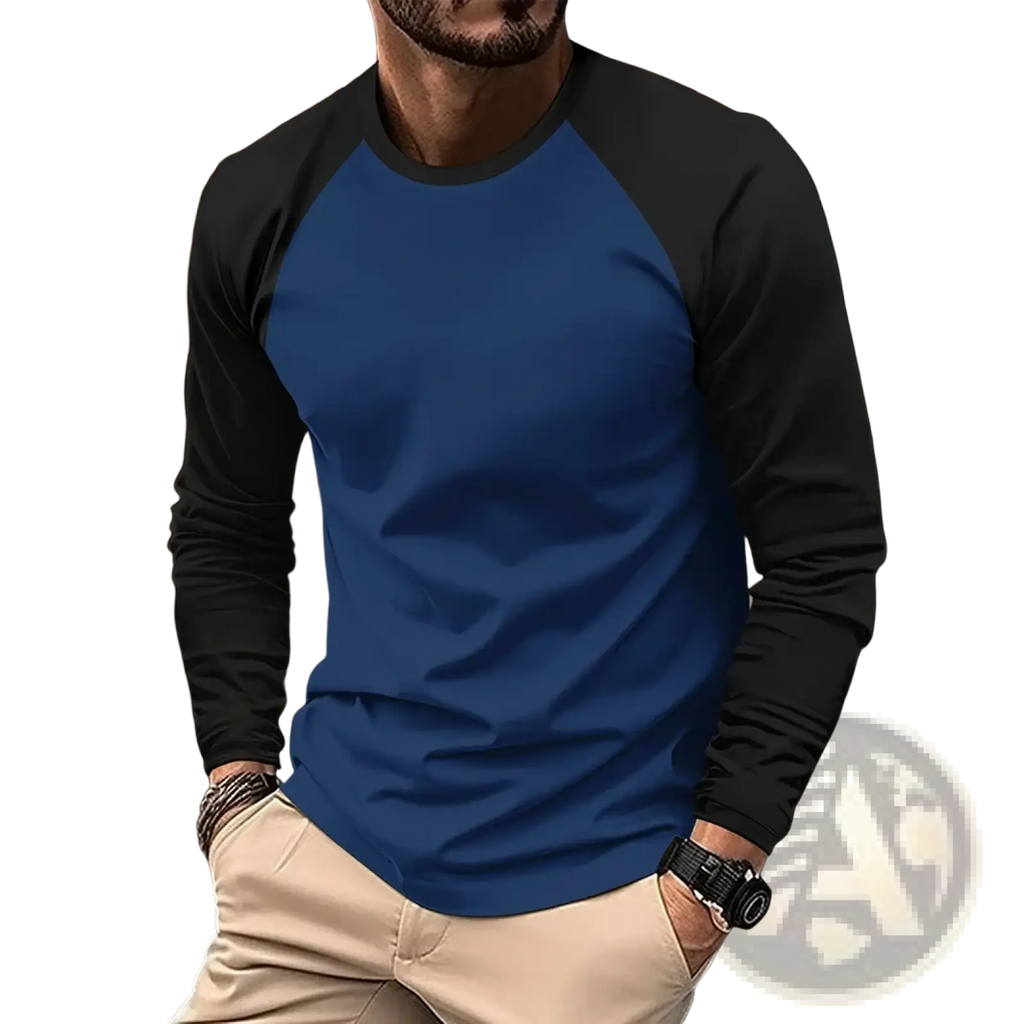 Blue and black raglan long sleeve casual men’s t-shirt with fitted silhouette perfect for spring wear