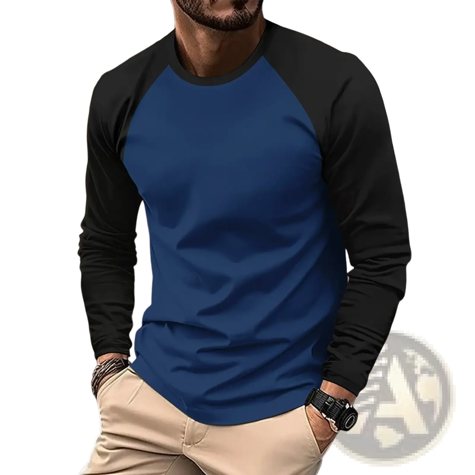 Blue and black raglan long sleeve casual men’s t-shirt with fitted silhouette perfect for spring wear