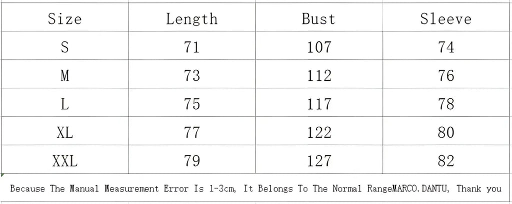 Size chart for marco dantu raglan long sleeve t-shirt casual men spring top showing measurements in centimeters s to xxl