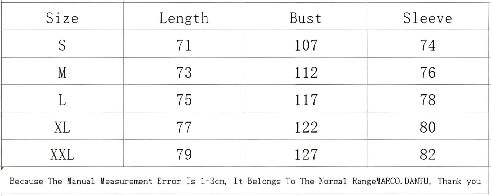 Size chart for marco dantu raglan long sleeve t-shirt casual men spring top showing measurements in centimeters s to xxl