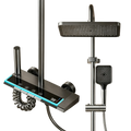 Modern black matte-finish rain shower head system with rectangular rainhead handheld spray and digital temperature display