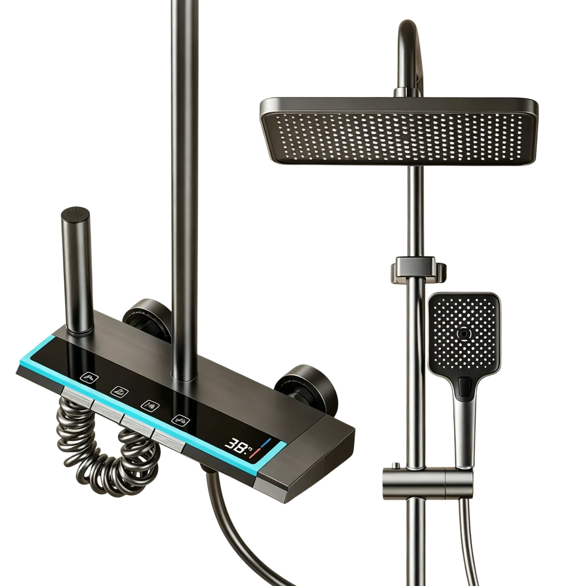 Modern black matte-finish rain shower head system with rectangular rainhead handheld spray and digital temperature display
