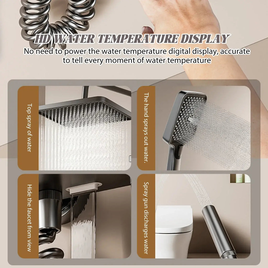 Modern black rain shower head system with sleek coiled hose and digital temperature display for precise control