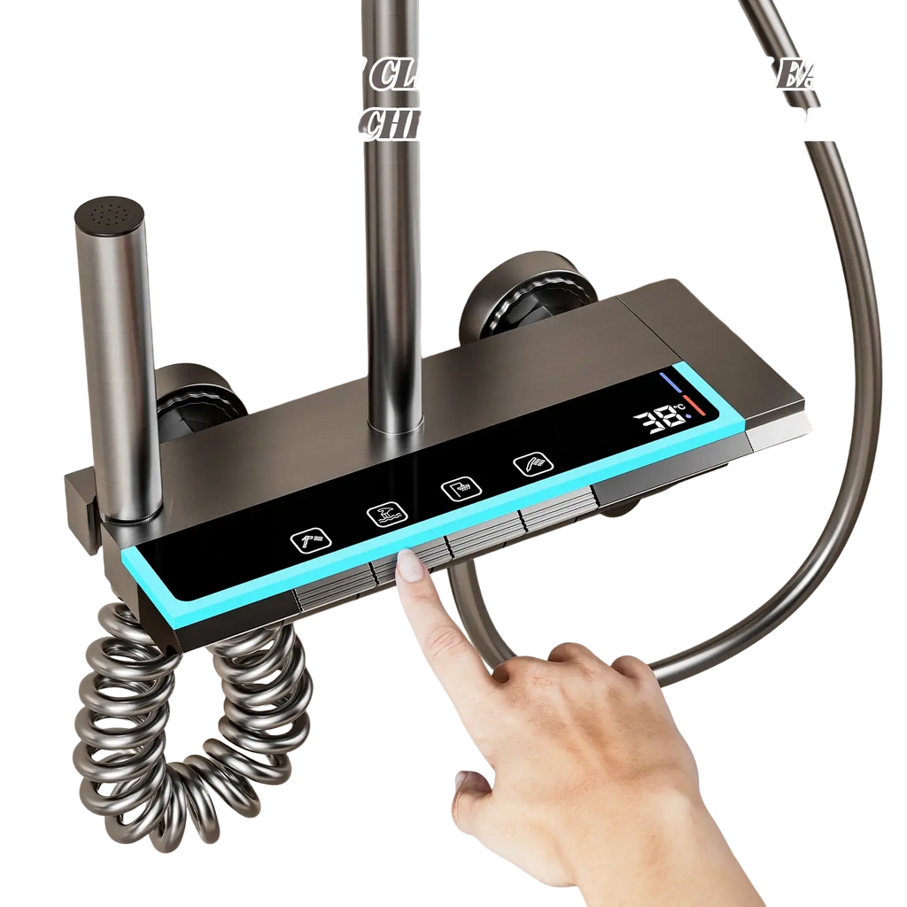 Modern brushed stainless steel shower valve with sleek black and turquoise digital display at 38°c for rain shower head system