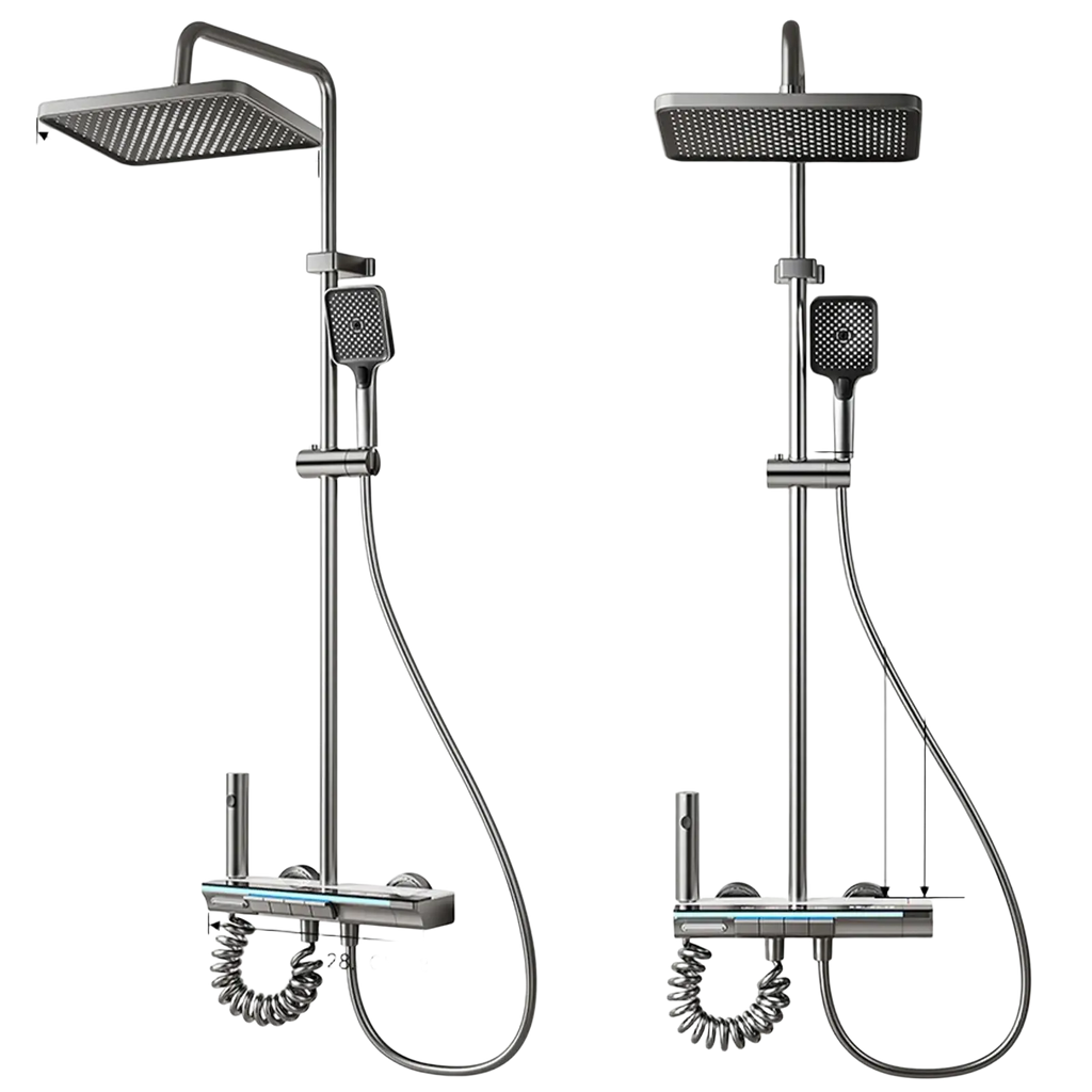 Modern chrome-finished rain shower head system with square rainhead, handheld spray, adjustable height, and digital display