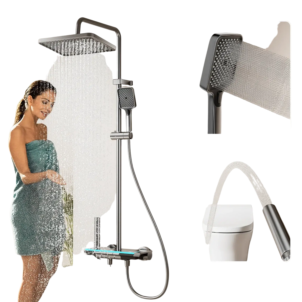 Modern chrome-finished rain shower head system with square rainhead handheld spray nozzle detachable hose and digital display