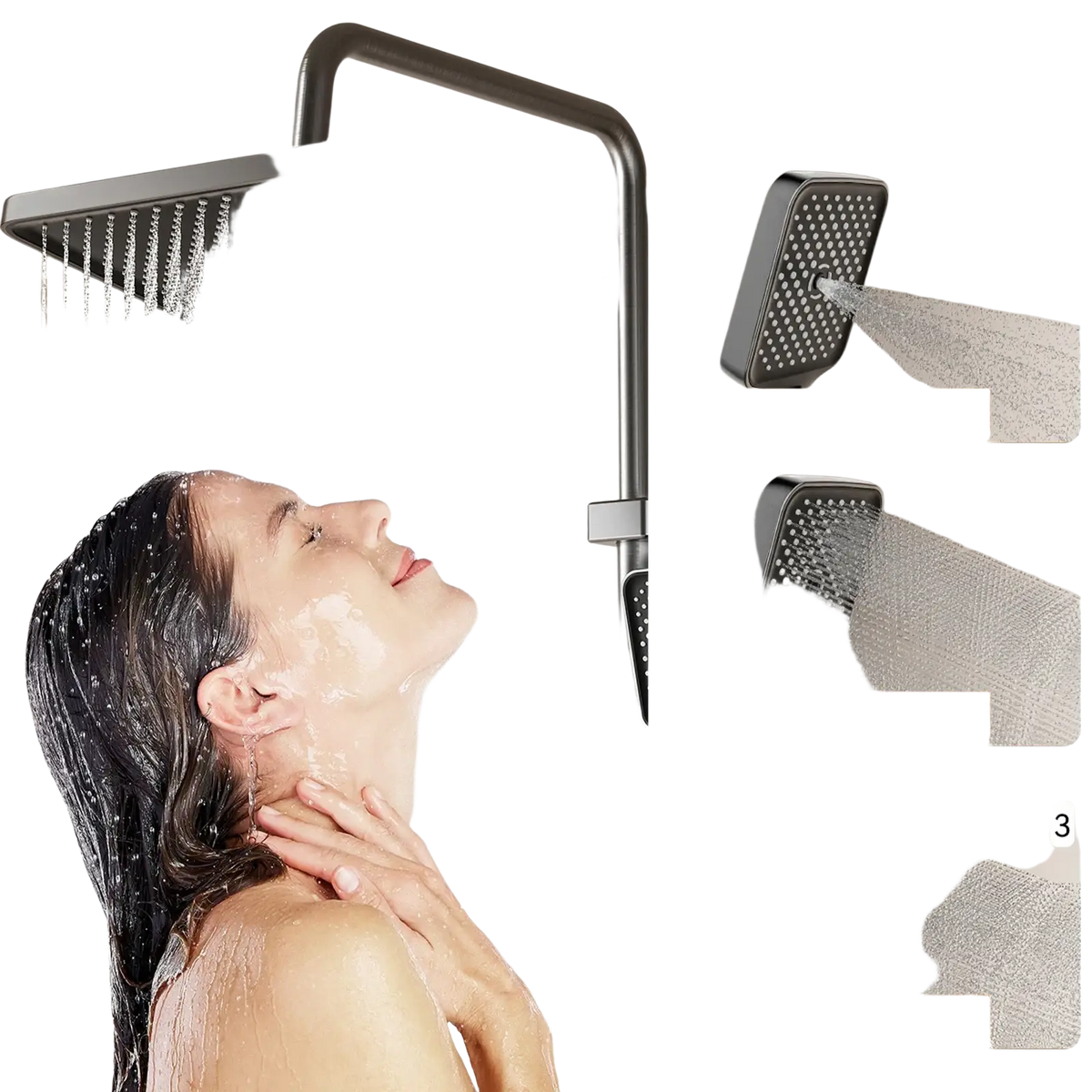 Modern matte black rain shower head system with digital display and three spray modes for a luxurious bathing experience