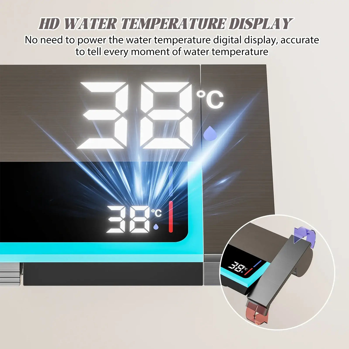 Digital water temperature display with white led numbers showing 38°c on black teal panel of rain shower head system