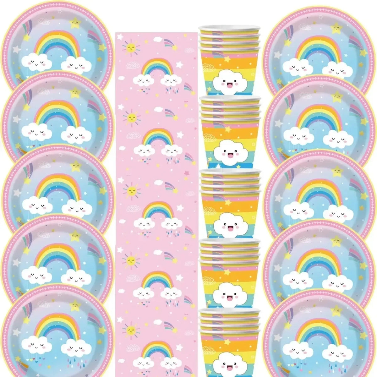 Rainbow baby shower tableware set with rainbow and cloud-themed paper plates with pink borders and cheerful napkins