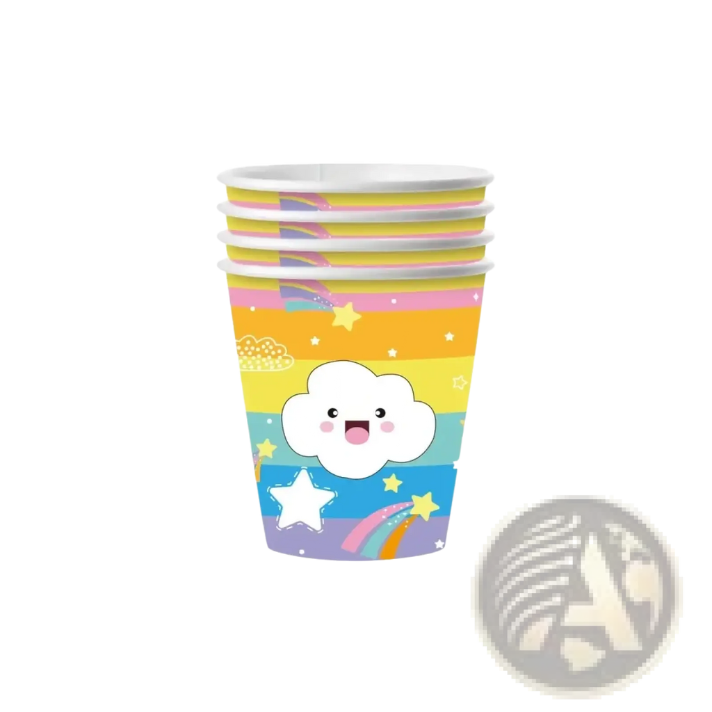 Stack of 10 colorful paper cups with a cheerful cartoon cloud on rainbow stripes and stars for baby shower use
