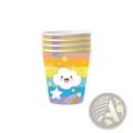 Stack of 10 colorful paper cups with a cheerful cartoon cloud on rainbow stripes and stars for baby shower use