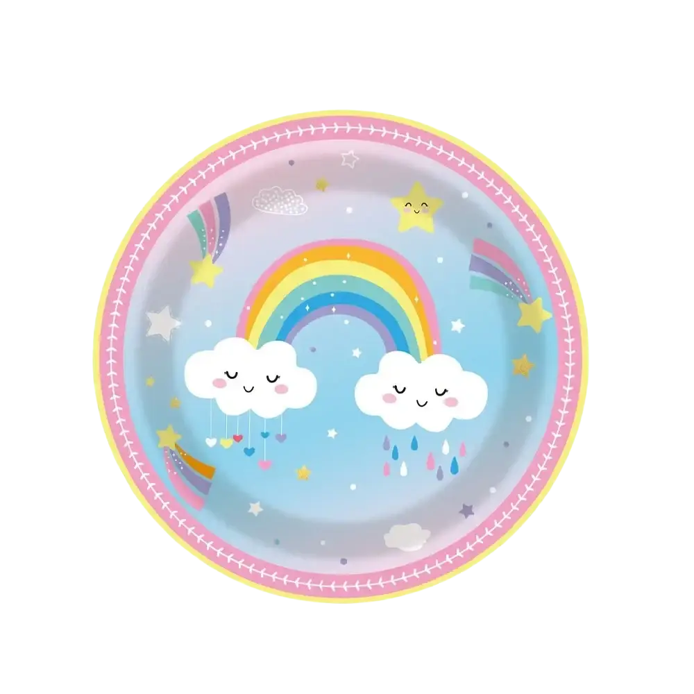 Cute 9-inch paper plates with rainbow smiling clouds stars and pink stitched border for rainbow baby shower set