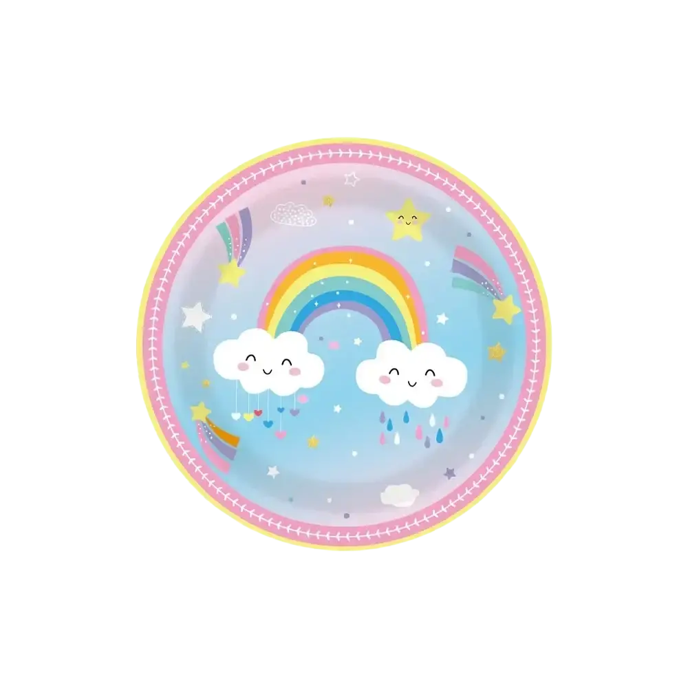 Pastel blue 7-inch paper plates with cheerful rainbow and smiling clouds for rainbow baby shower tableware set