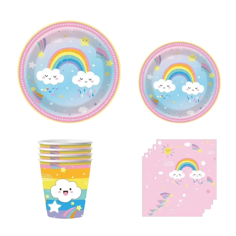 Pastel blue paper plates with rainbow and smiling clouds design bordered in pink from rainbow baby shower tableware set