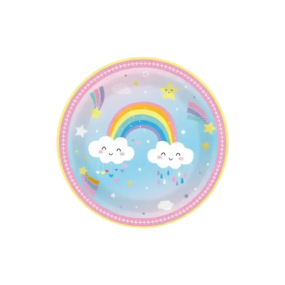Pastel blue paper plate with rainbow smiling clouds and stars in a whimsical design for rainbow baby shower tableware set