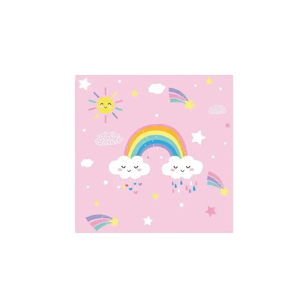 Pink napkins from rainbow baby shower tableware set featuring cheerful cartoon rainbow smiling clouds and stars on pastel background