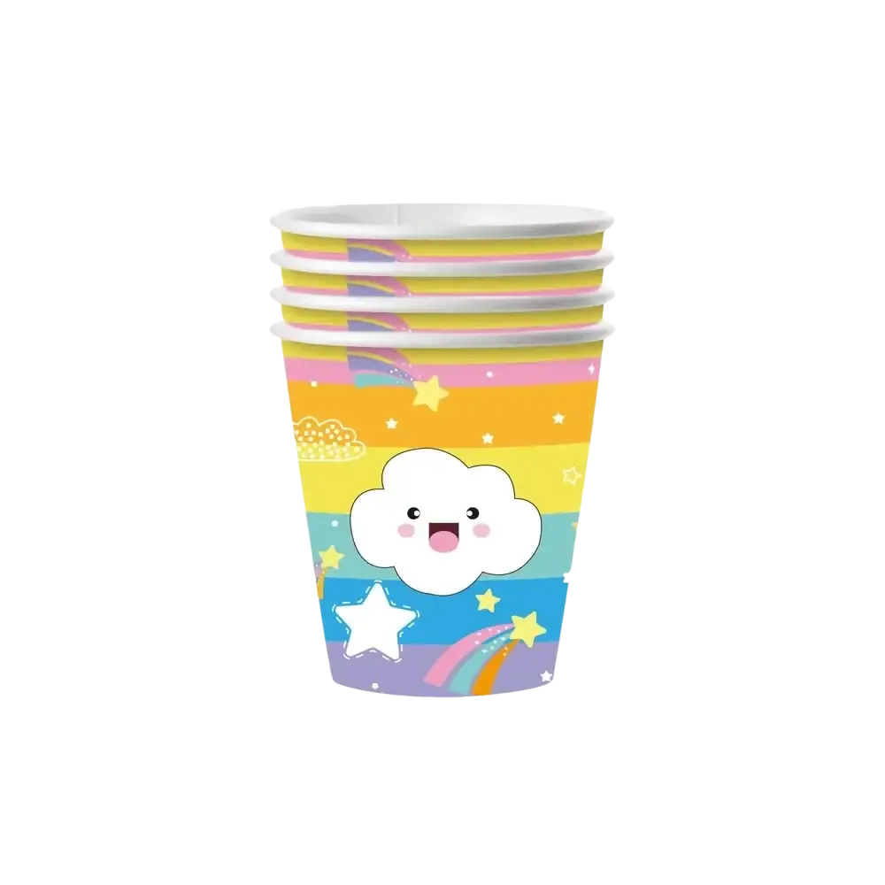Stack of 10 colorful paper cups with a cheerful cartoon cloud on rainbow stripes and stars for baby shower use