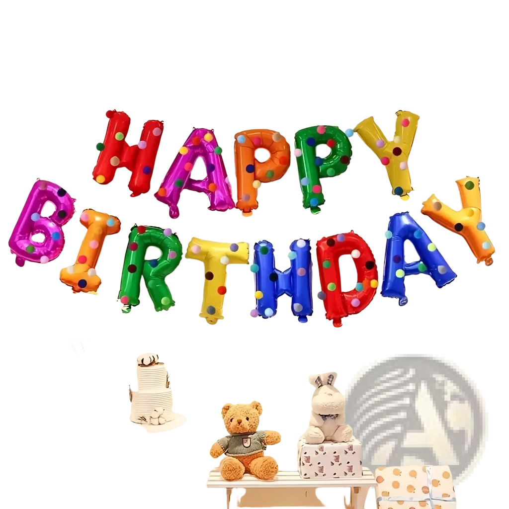 A vibrant multicolored rainbow birthday balloon banner with glossy metallic letters and colorful polka dots for party decoration