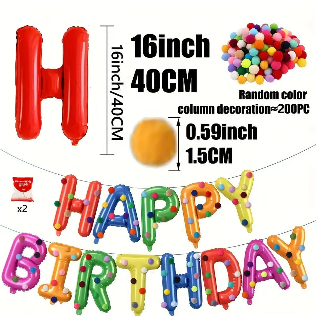 Rainbow birthday balloon banner party decoration kit featuring vibrant multicolored polka-dot letters for celebrations
