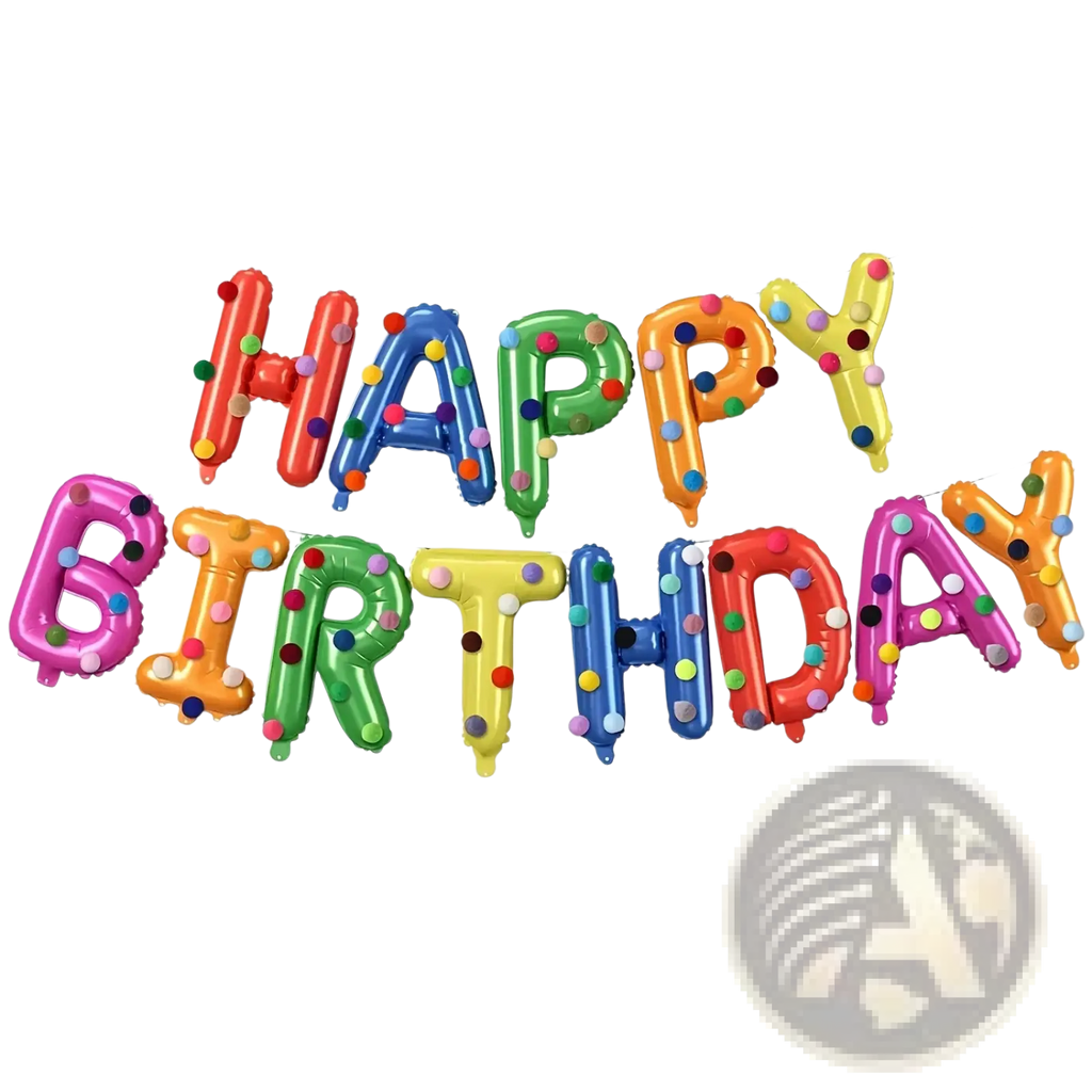 Rainbow birthday balloon banner party decoration kit with colorful vibrant letters and multicolored polka dots design