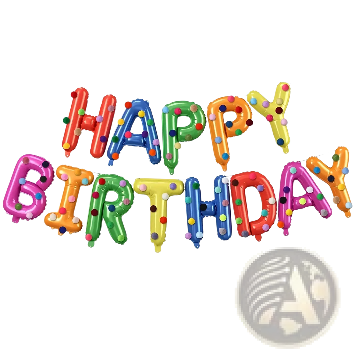 Rainbow birthday balloon banner party decoration kit with colorful vibrant letters and multicolored polka dots design