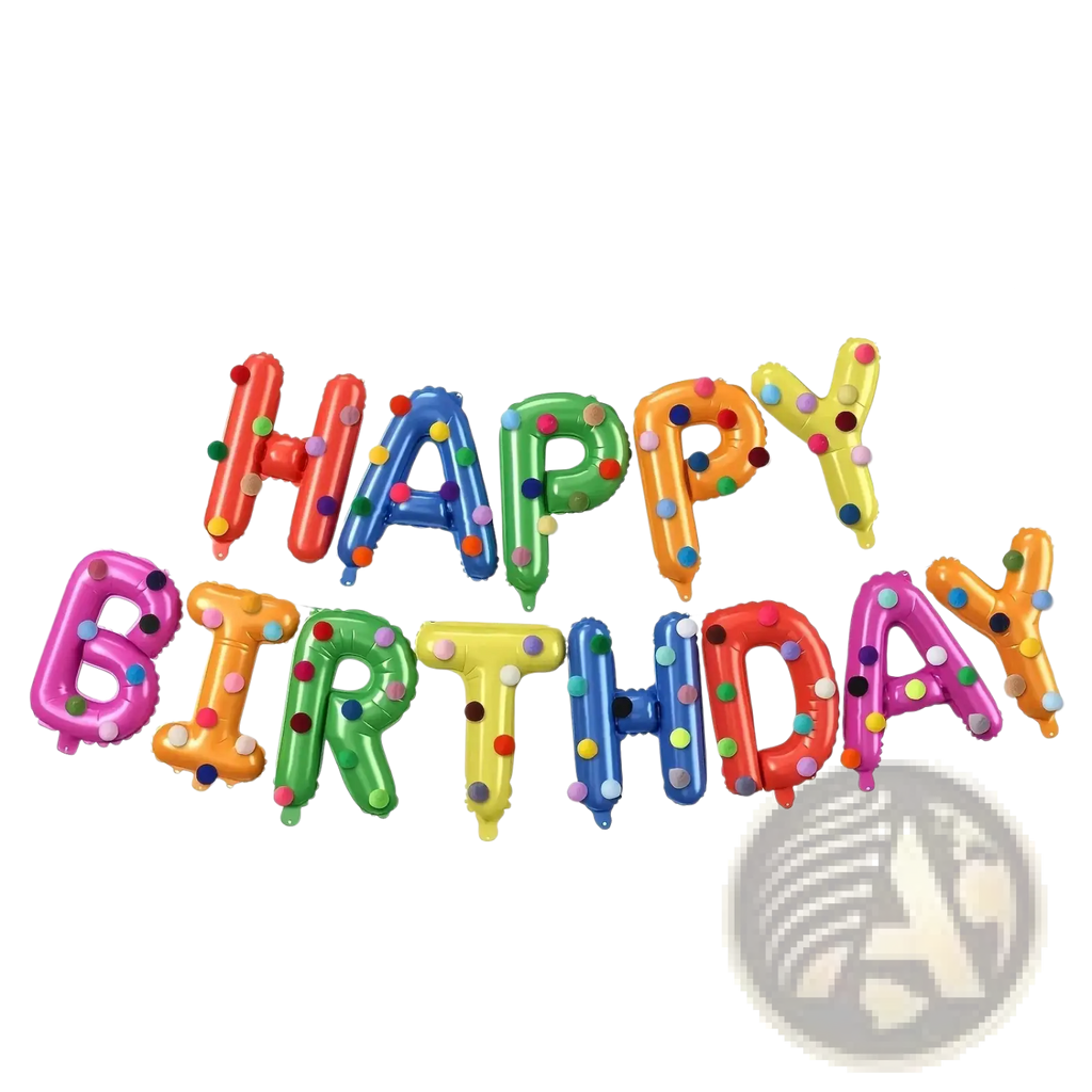 A vibrant rainbow birthday balloon banner with glossy multi-colored polka dot letters for party decoration
