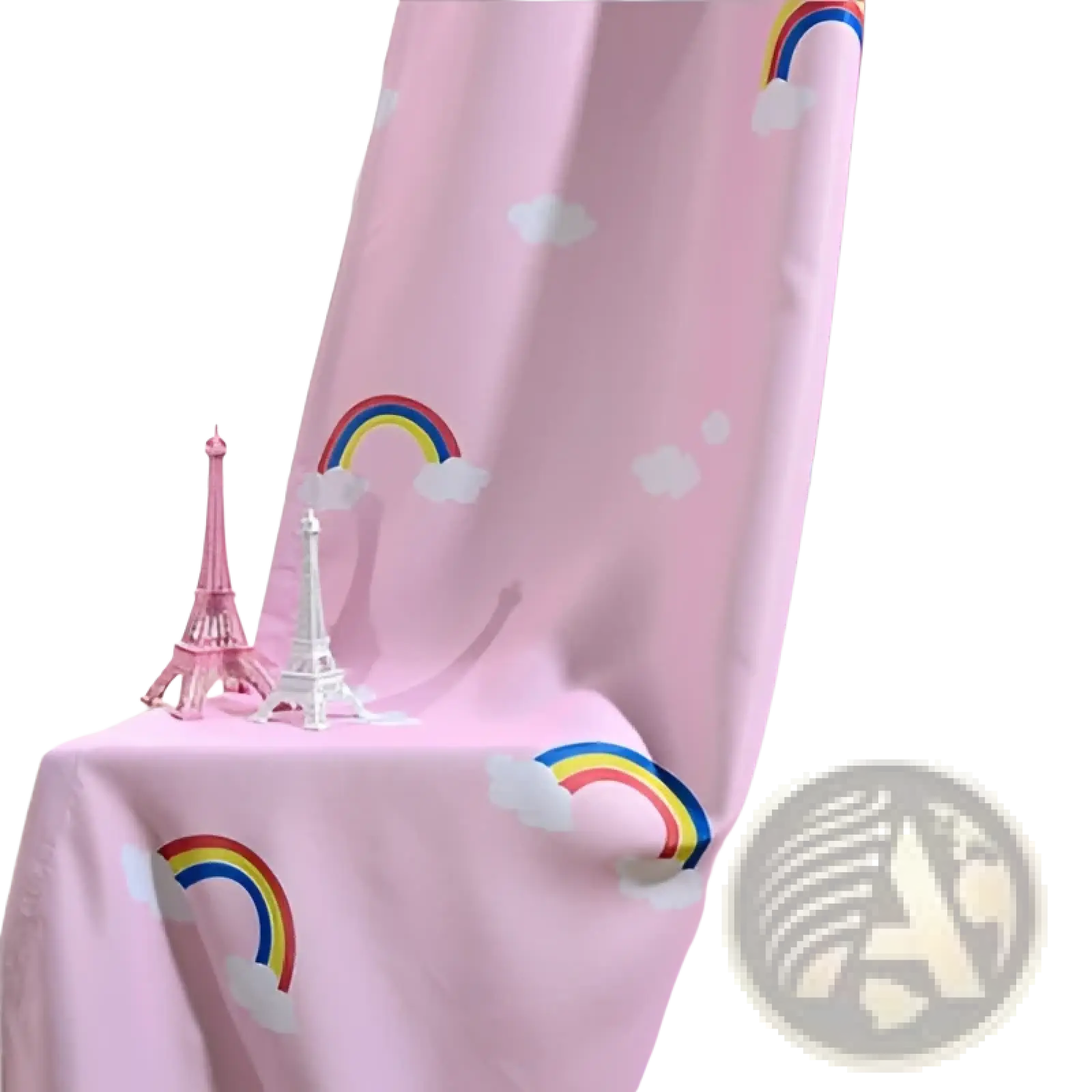 Pink blackout and sheer curtains with rainbow and cloud patterns for kids room featuring soft fabric material