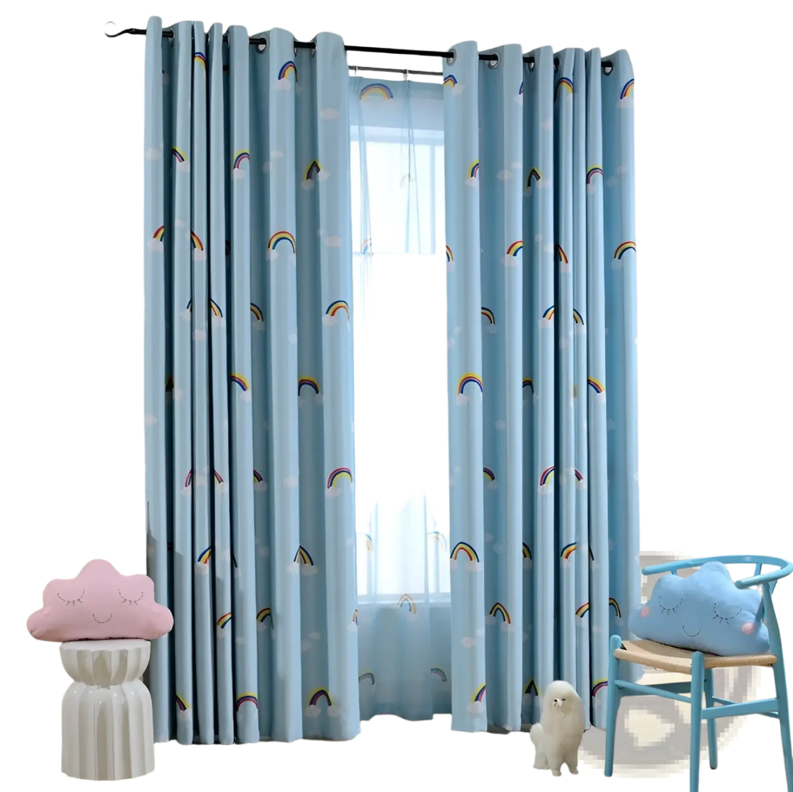 Light blue rainbow blackout and sheer curtains for kids room with colorful rainbow and white cloud patterns