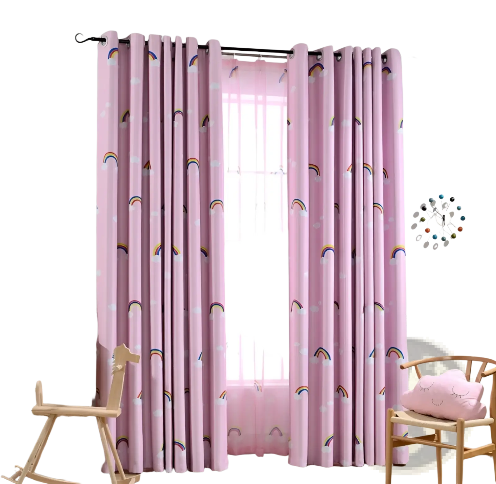 Pink rainbow blackout and sheer curtains for kids room featuring cloud pattern on soft fabric