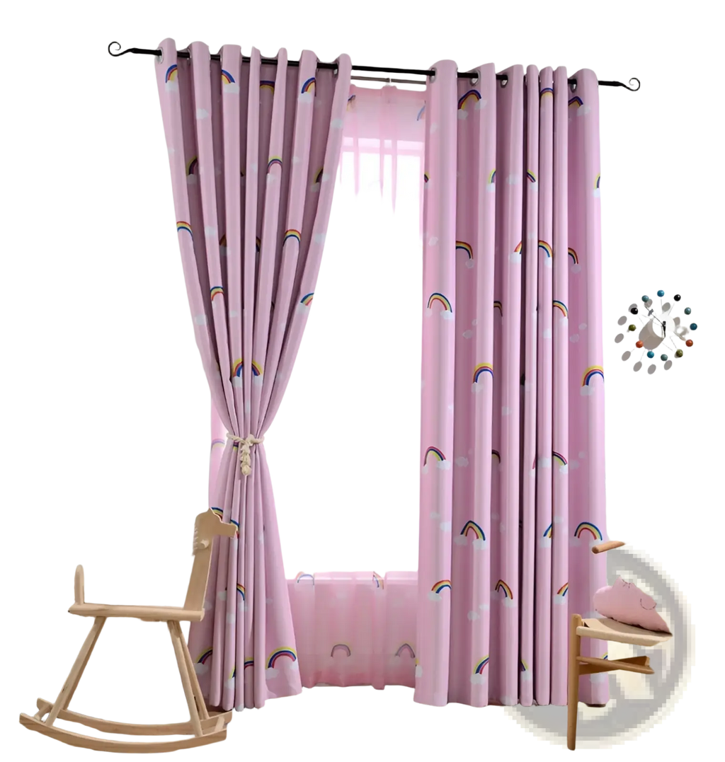 Pink blackout and sheer curtains for kids room with rainbow and cloud patterns hanging from black rod with grommet tops
