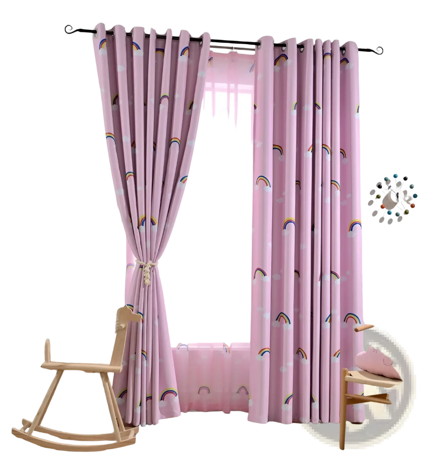 Pink blackout and sheer curtains for kids room with rainbow and cloud patterns hanging from black rod with grommet tops