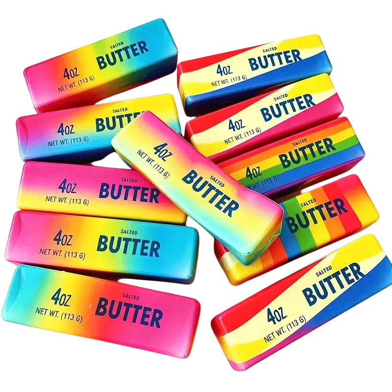 Rainbow-colored salted butter sticks labeled 4oz butter on vibrant gradient wrappers for rainbow butter squishy stress relief toy