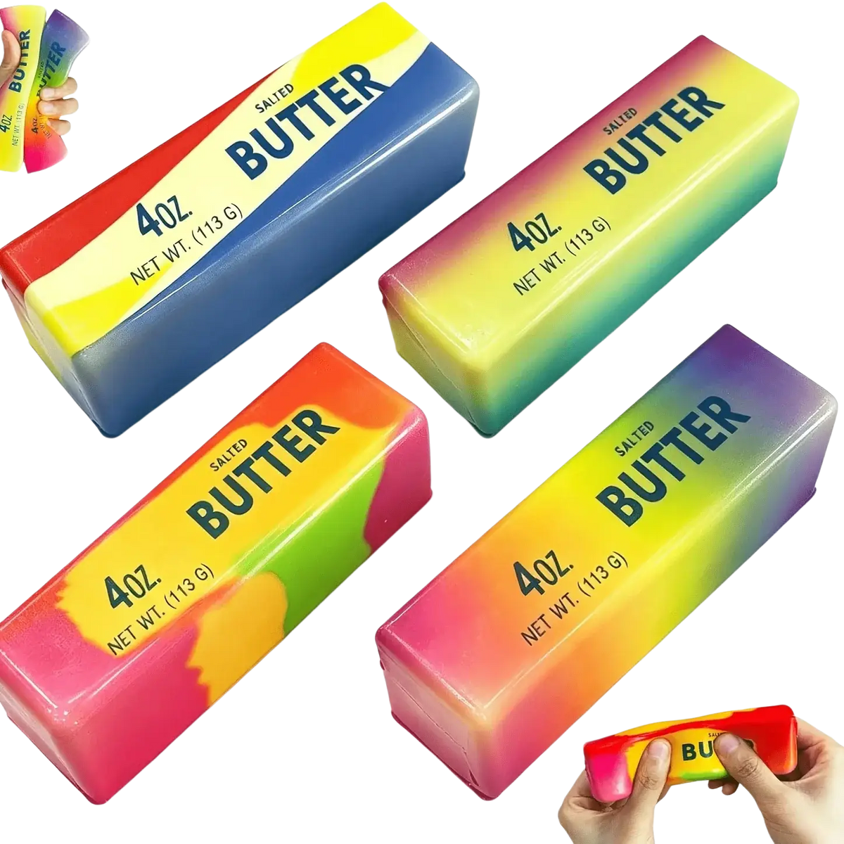 Rainbow butter squishy stress relief toy featuring rainbow-colored, soft salted butter stress relievers in 4oz package