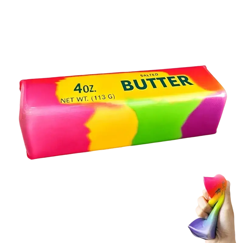 Rainbow-colored squishy salted butter-shaped stress relief toy designed for tactile stress reduction and relaxation
