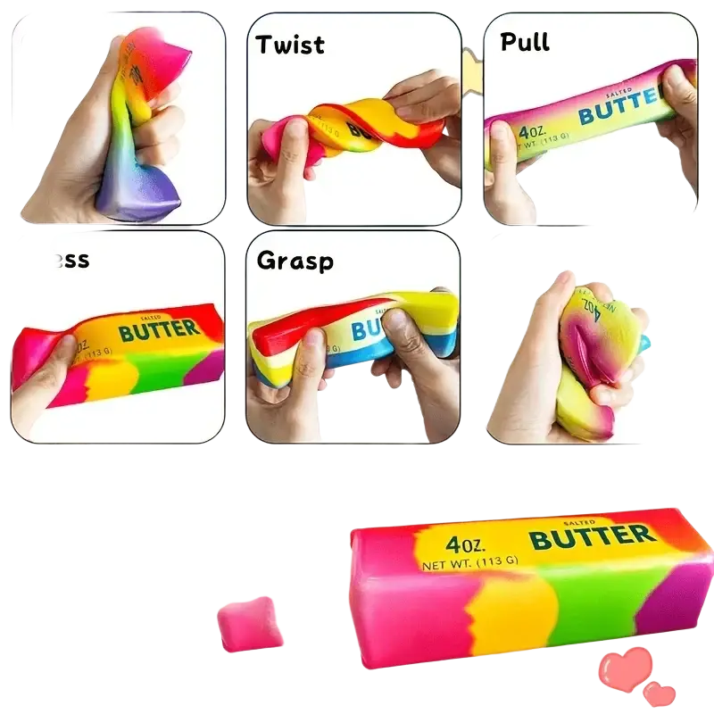 Rainbow butter squishy stress relief toy in rainbow colors shaped like butter with a playful salted butter label