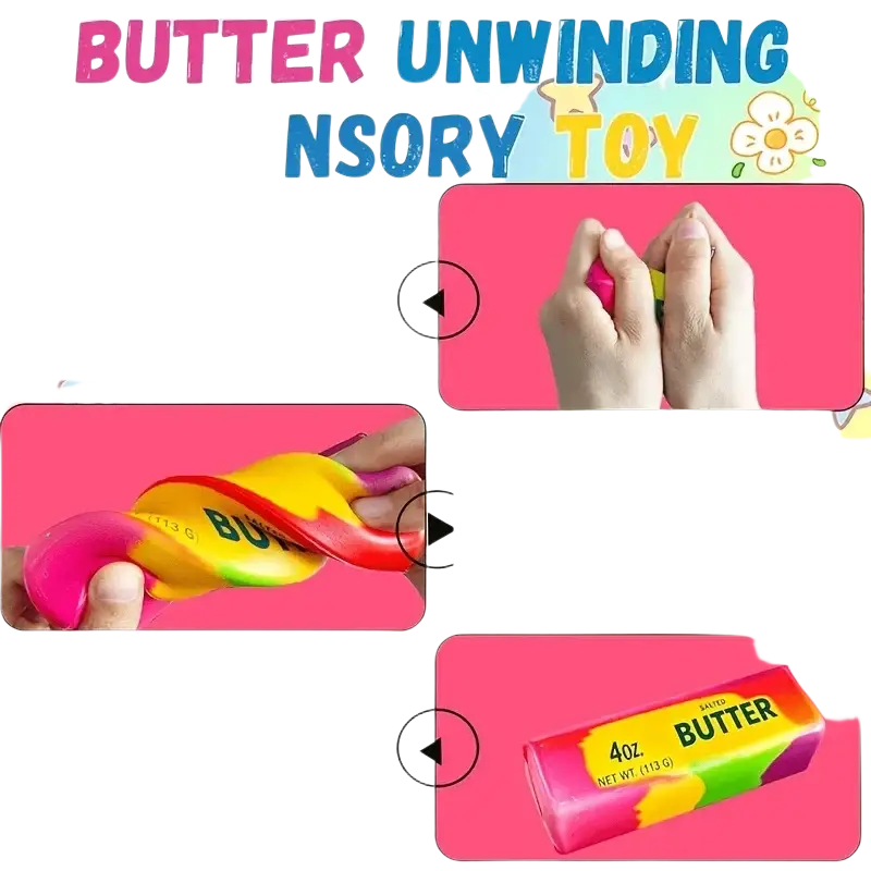 A colorful rainbow butter squishy stress relief toy with soft, squishy texture in vibrant pink, yellow, green, and red sections