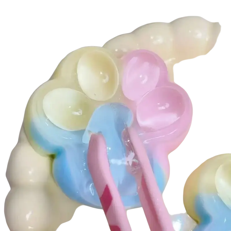 Pastel-colored translucent jelly rainbow cat claw squishy fidget toy with paw print shapes in yellow, blue, and pink hues