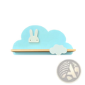 Rainbow cloud wooden kids wall bookshelf in light blue wood with white bunny face cutout and small cloud accent