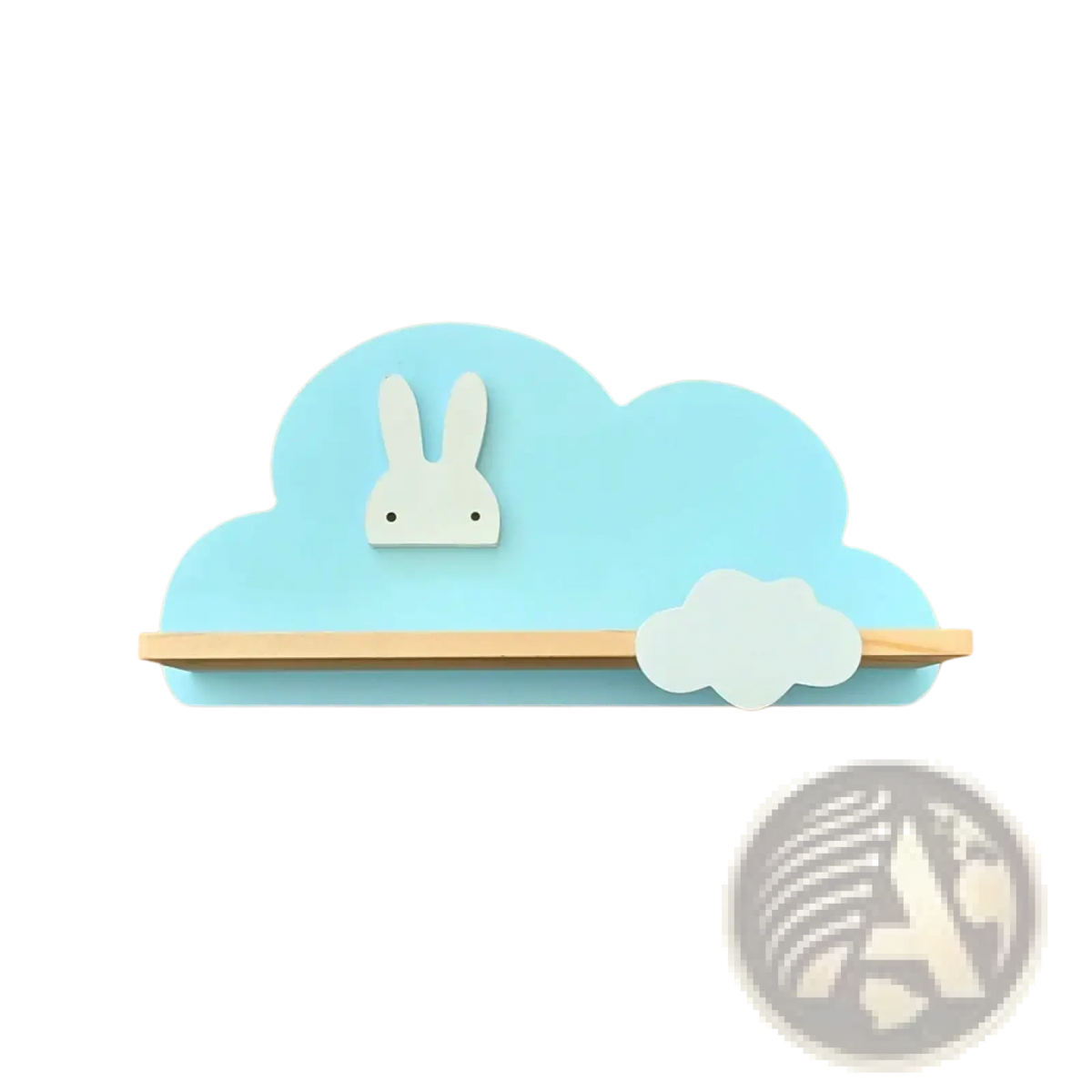 Rainbow cloud wooden kids wall bookshelf in light blue wood with white bunny face cutout and small cloud accent
