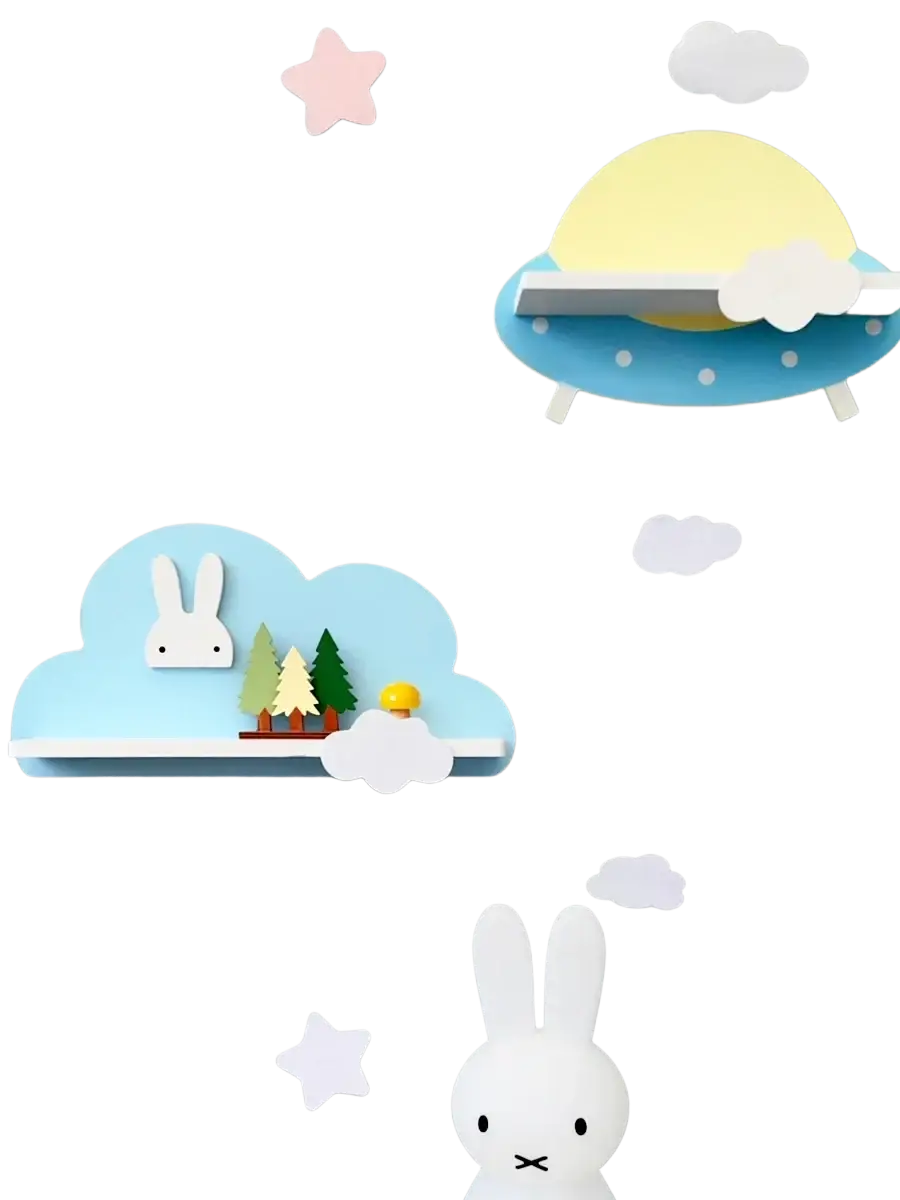 Blue cloud-shaped wooden kids wall bookshelf with white rabbit and miniature trees on top for children’s room decor