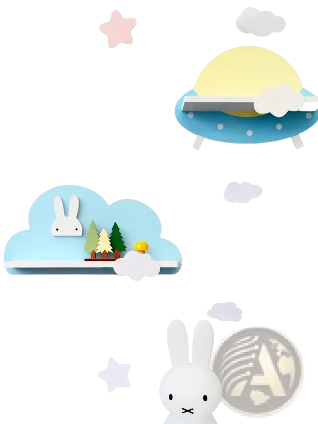 Blue cloud-shaped wooden kids wall bookshelf with white rabbit and miniature trees on top for children’s room decor