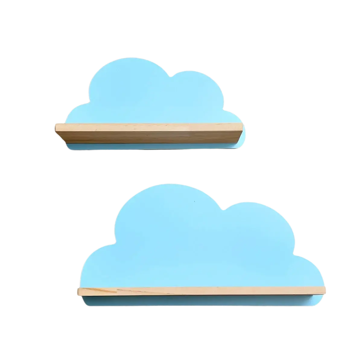Rainbow cloud wooden kids wall bookshelf featuring light blue cloud-shaped shelves with natural wood backing and shelf
