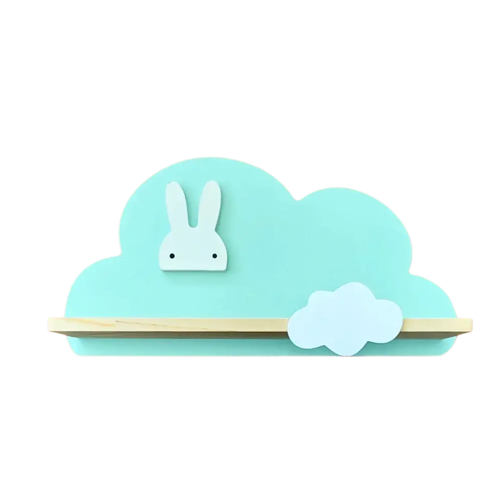 Rainbow Cloud wooden kids wall bookshelf in light blue shaped like a cloud with a white bunny face and small cloud accent