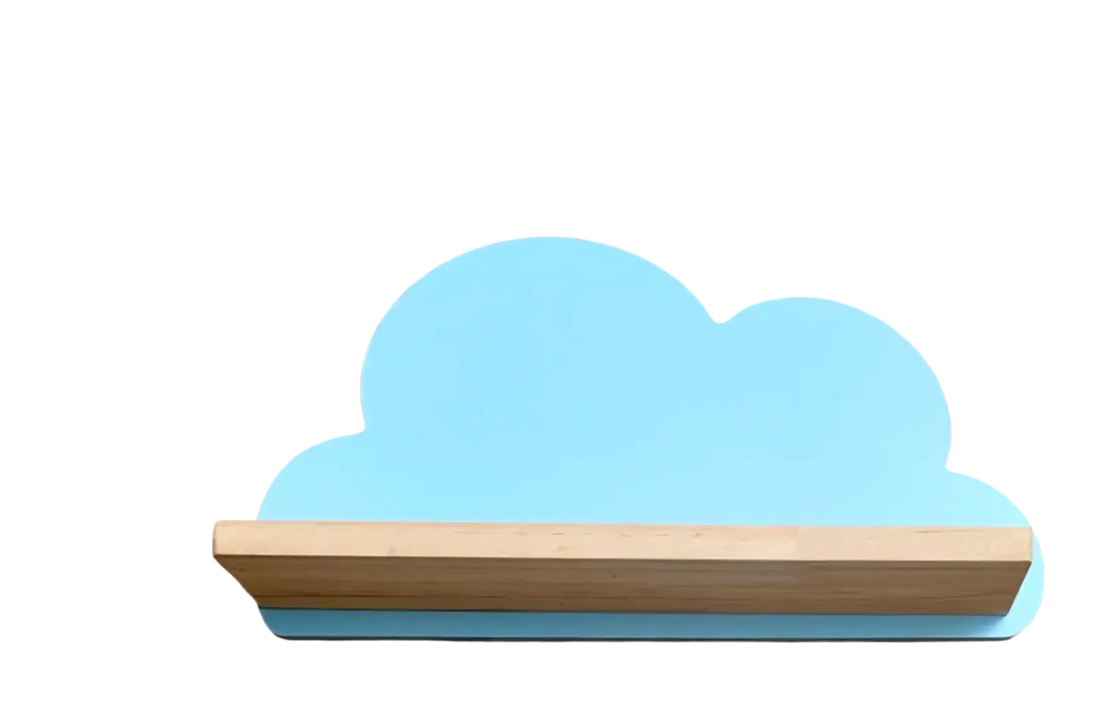 Light blue cloud-shaped wooden kids wall bookshelf with natural wood-colored horizontal support shelf