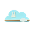Rainbow cloud wooden kids wall bookshelf in light blue wood with white bunny face cutout and small cloud accent