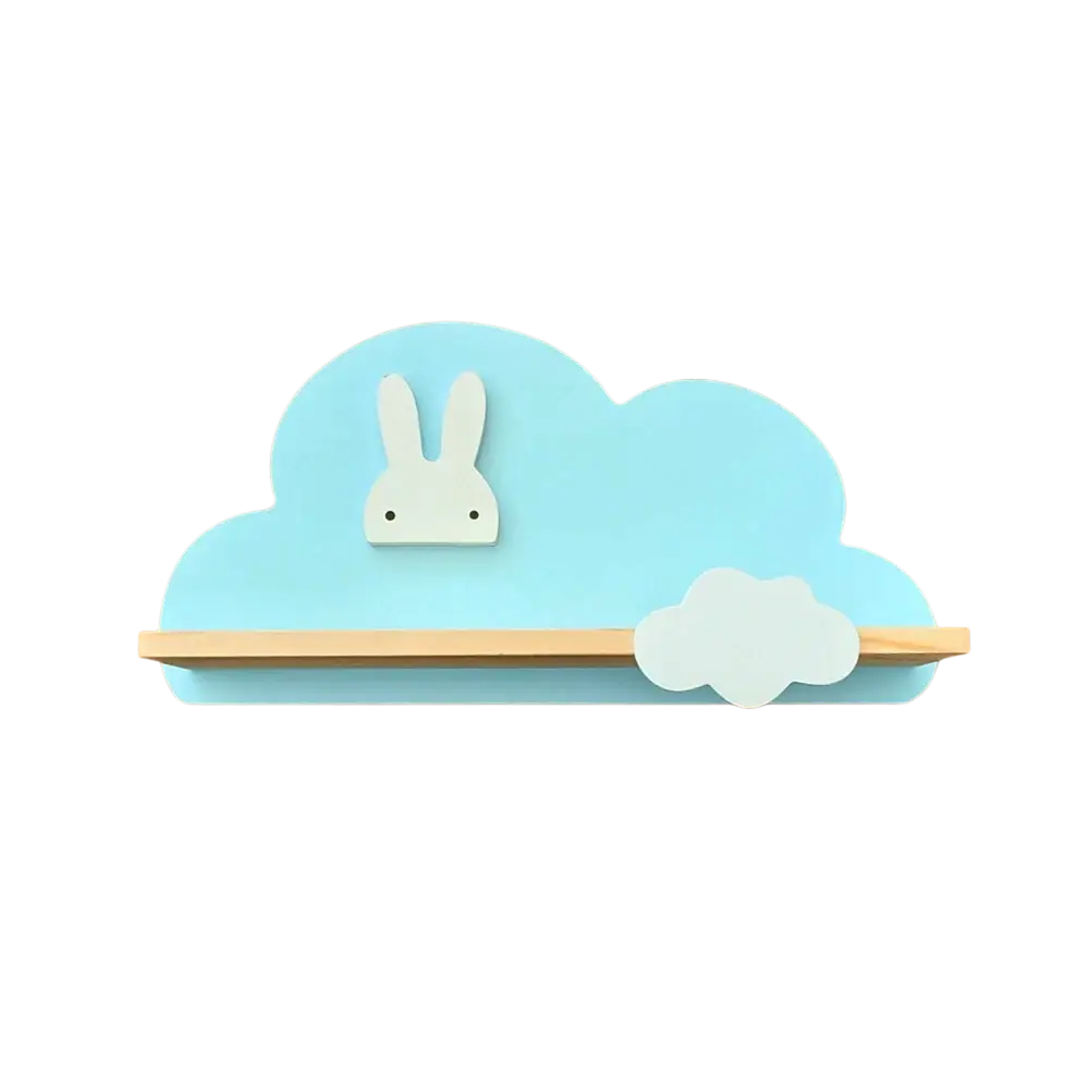 Rainbow cloud wooden kids wall bookshelf in light blue wood with white bunny face cutout and small cloud accent